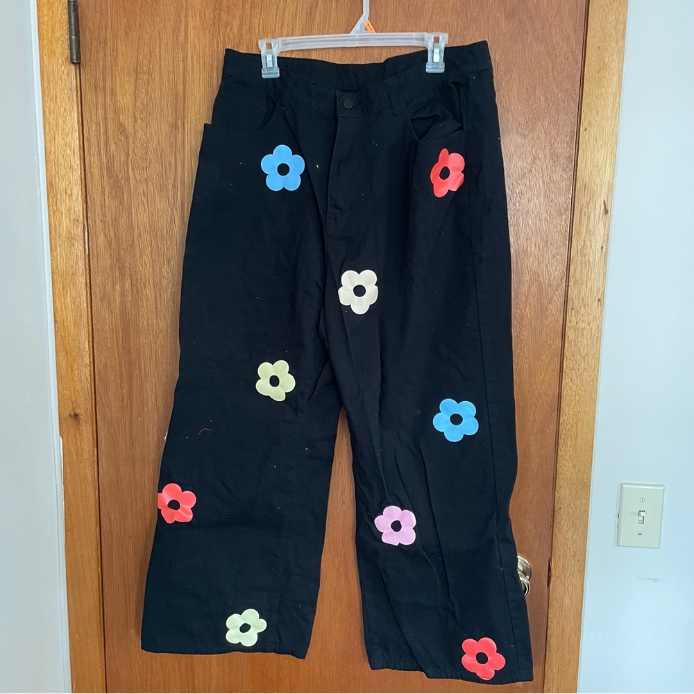 Cider womans Black Pants with Colorful Floral Accents